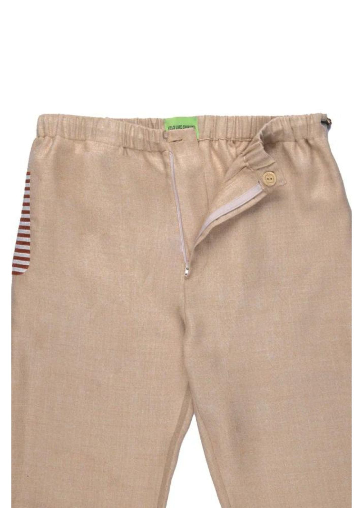 Woven Linen Silk and Wool Pants-Beige